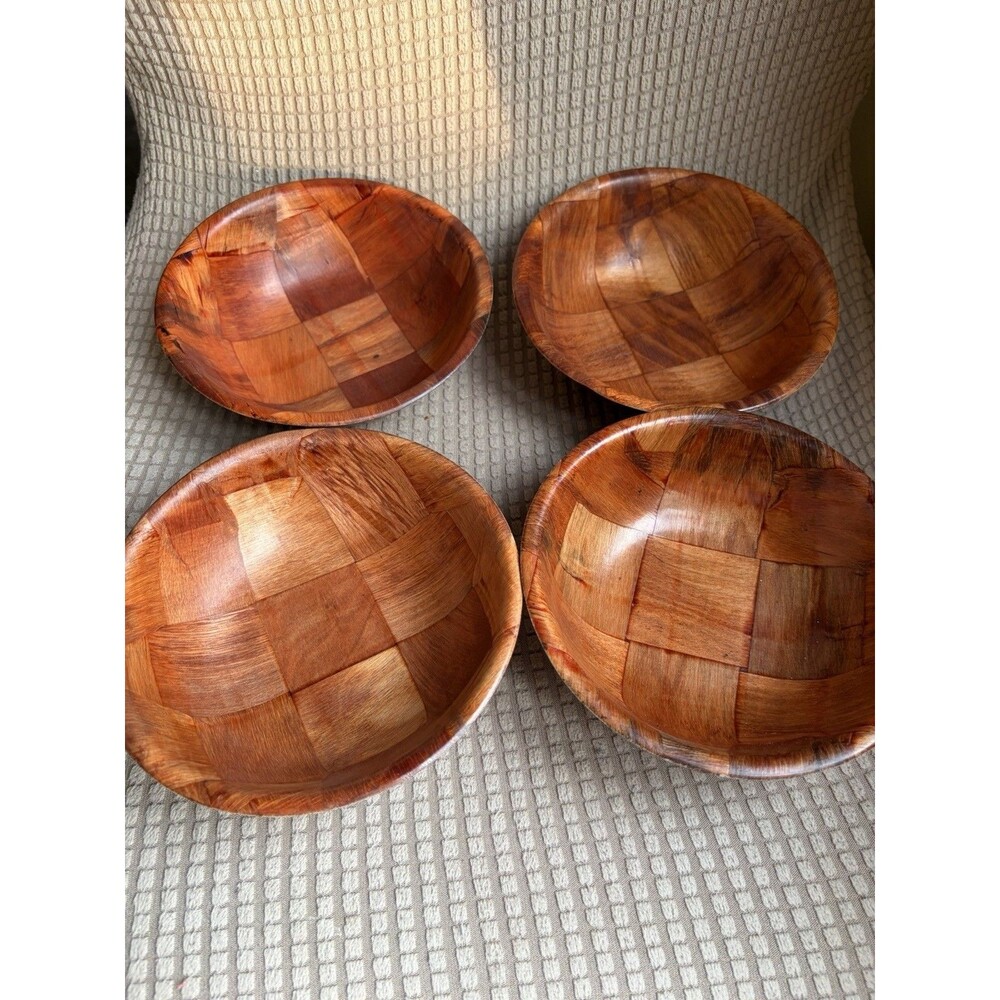 4 VTG 1970s Pressed Wood Weave Individual Salad Bowls Parquet Pattern Retro